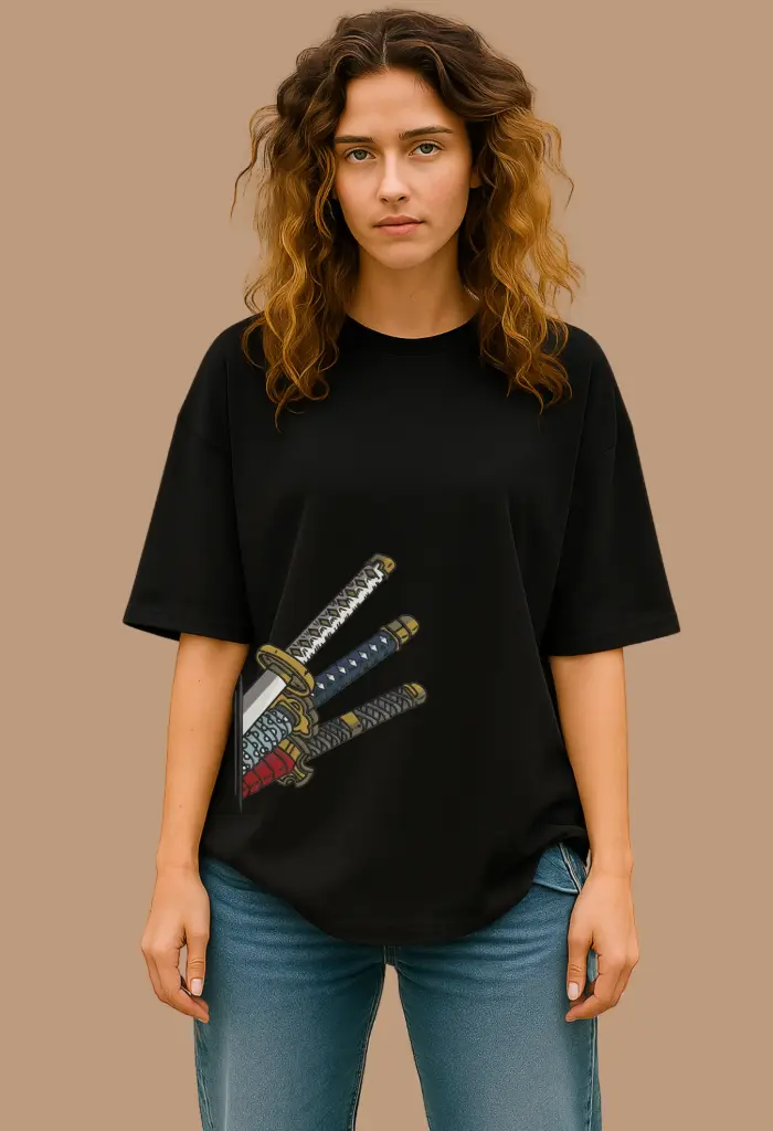 Women Over Size Printed T-shirt (S, Black)