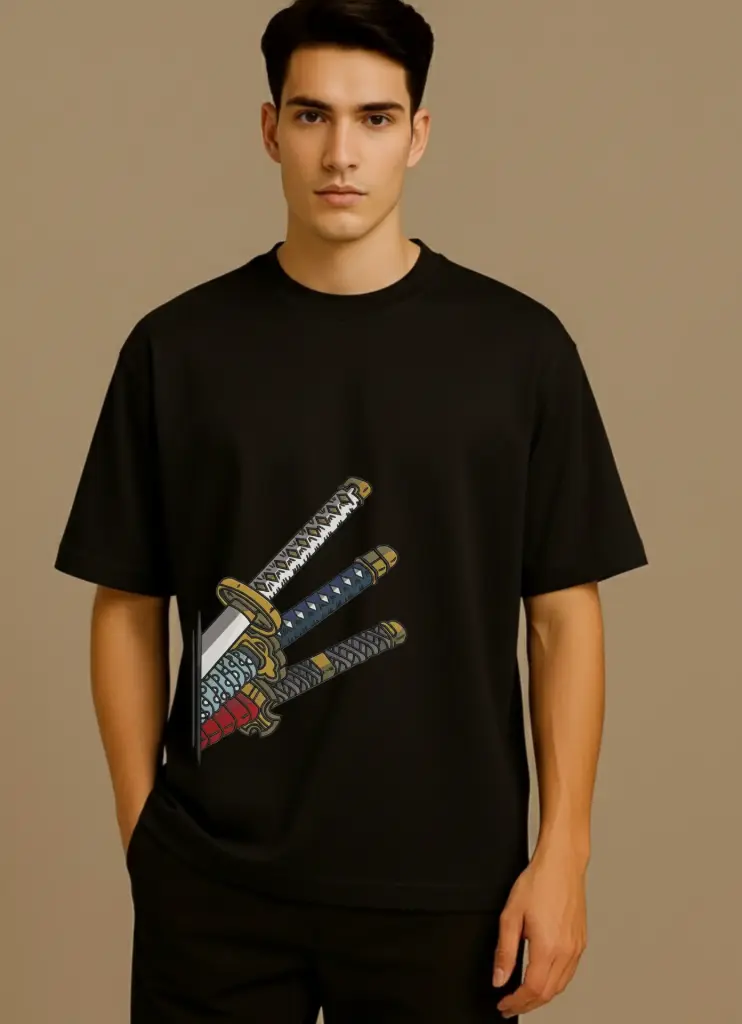 Men Printed Over Size T-shirt (S, Black)