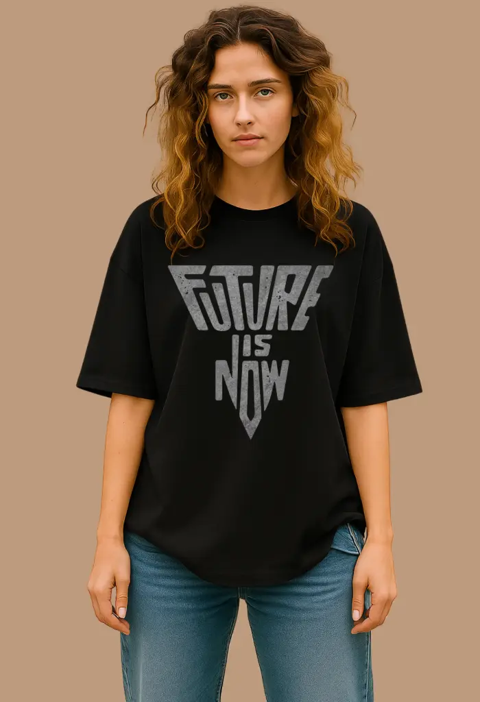 Women Over Size Printed-T (S, Black)